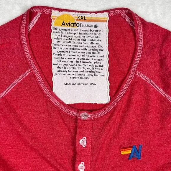Aviator Nation Long Sleeve Henley Shirt Red XXL Lightning Bolt Logo USA Made - Picture 3 of 9